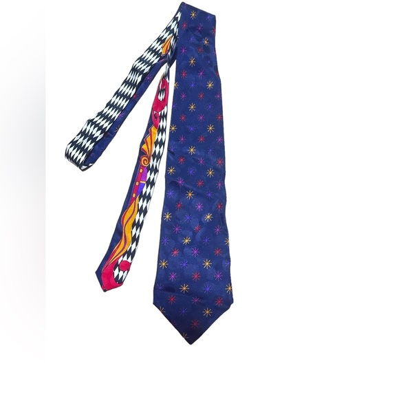 V2 Versace Navy Printed Tie W/Versace Print Trim and Starbursts Silk Tie - Picture 7 of 11